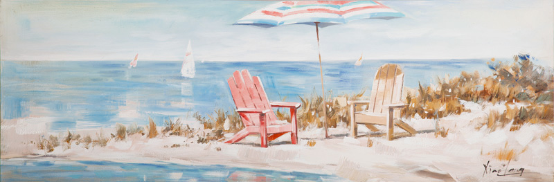 PXYW568 Wall décor art oil on canvas seascape deckchairs blue white tones